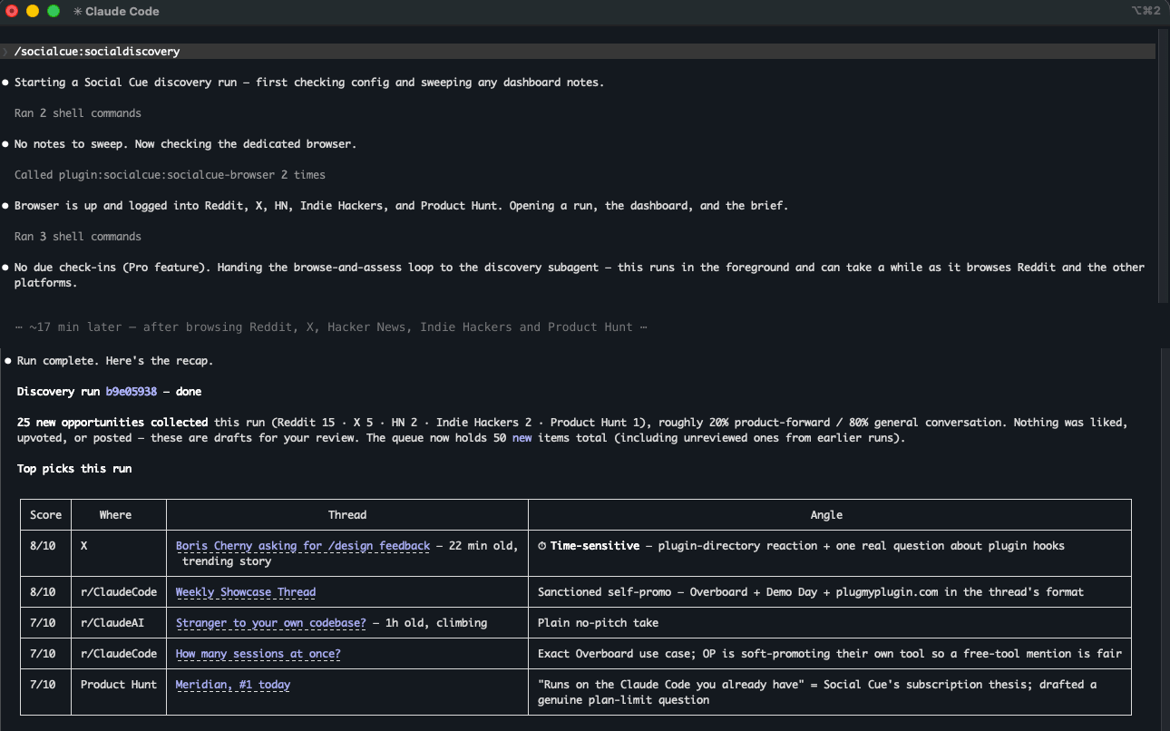 Claude Code running /socialdiscovery next to the dedicated Chrome window it is driving through a Reddit thread