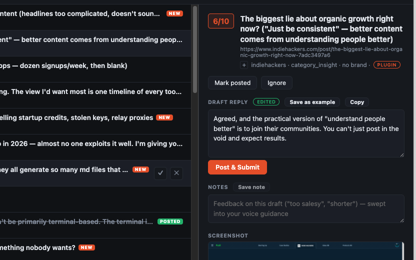 Dashboard detail pane showing a thread, its drafted reply in an edit box, and the Post buttons