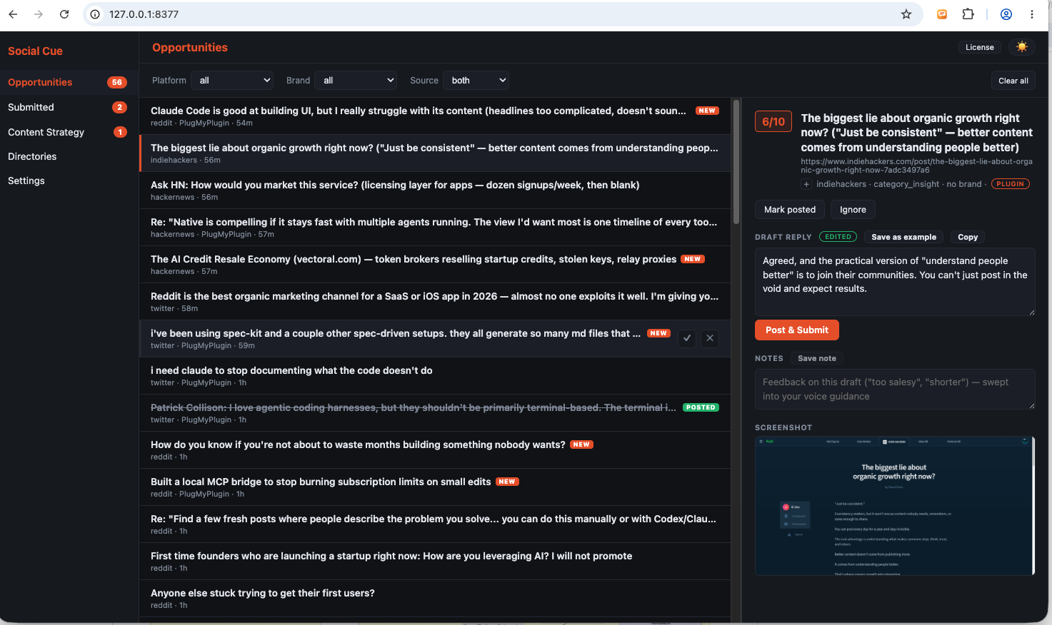 The full Social Cue dashboard: sidebar tabs, the opportunities table and the detail pane