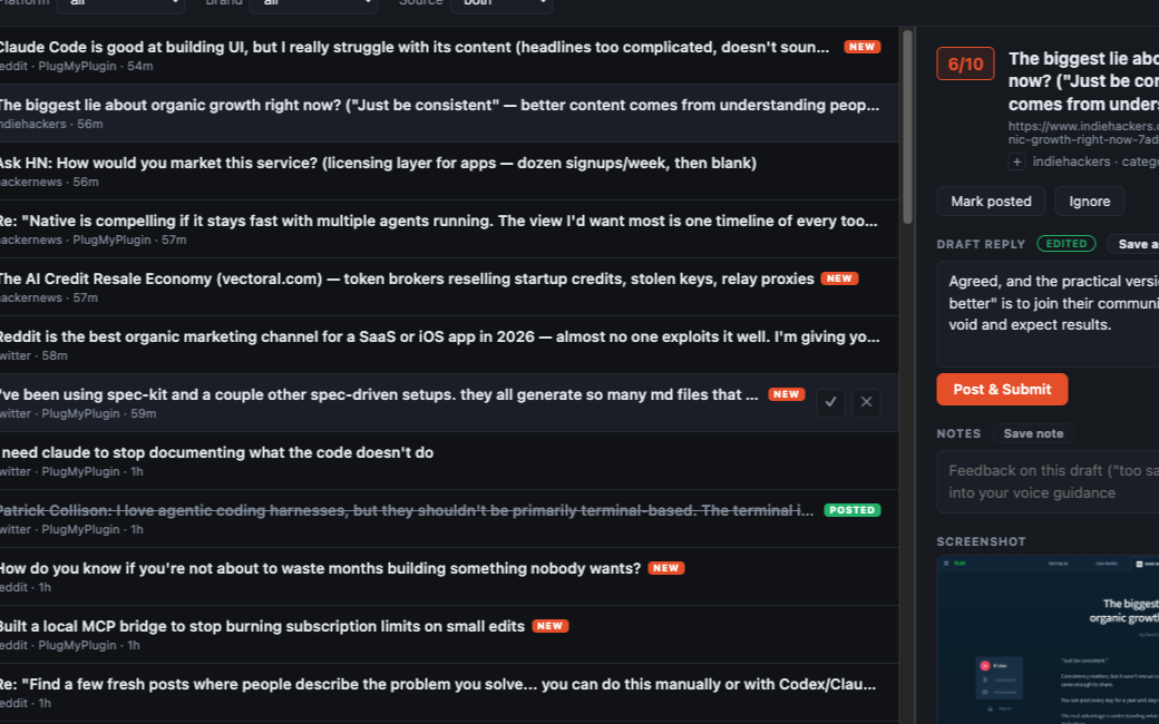 The Social Cue dashboard Opportunities tab at 127.0.0.1:8377, listing scored threads from Reddit and Hacker News